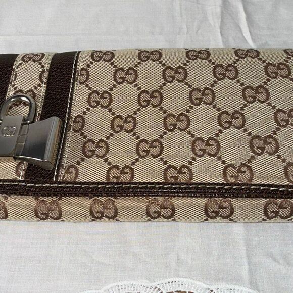 Vintage Gucci GG Monogram Canvas Bow Clutch Bag Brown Tan Y2K 90s Logo Designer - Picture 14 of 15